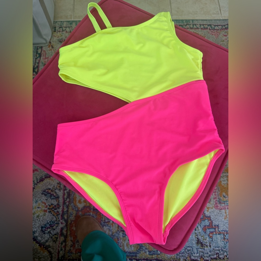 Cat & Jack Neon Two-Tone One-Shoulder Cut Out Swimsuit - Size 13/14 Plus XL